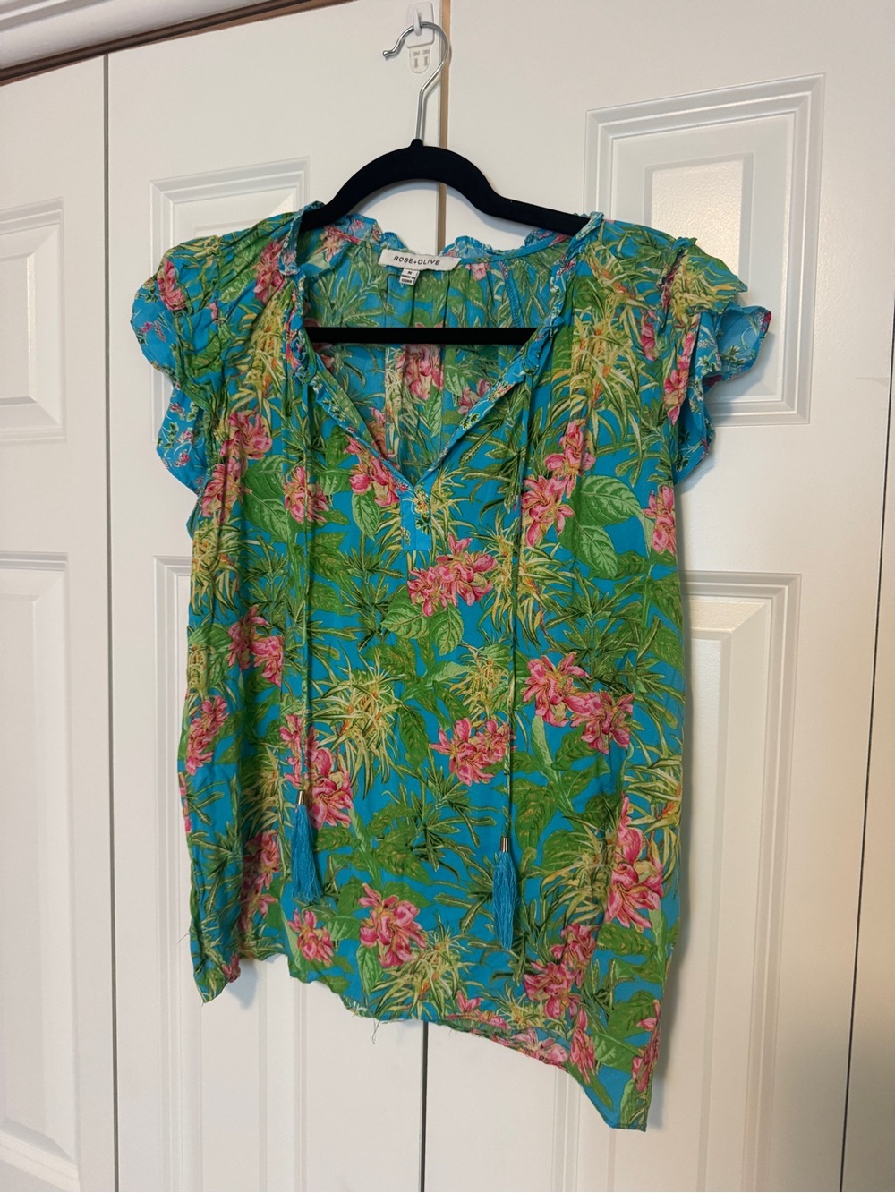 Rose & Olive Turquoise & Pink Tropical Tie-Front Flutter Sleeve Blouse